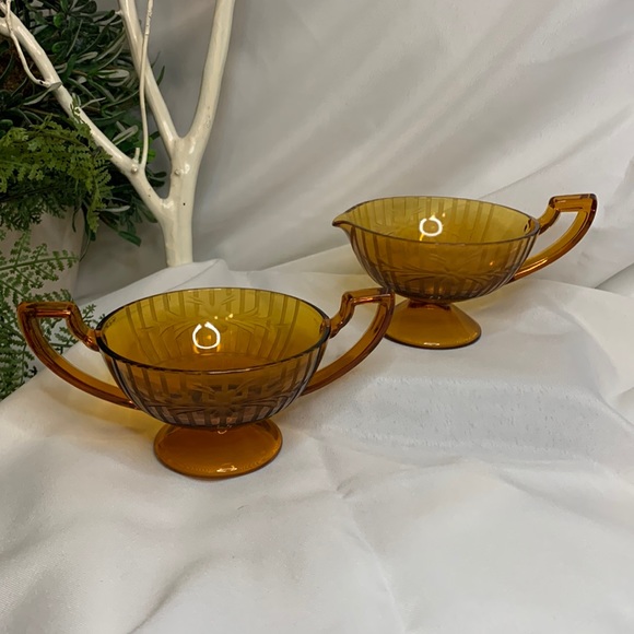Vintage ART DECO etched amber glass cream and sugar bowl - Picture 1 of 12